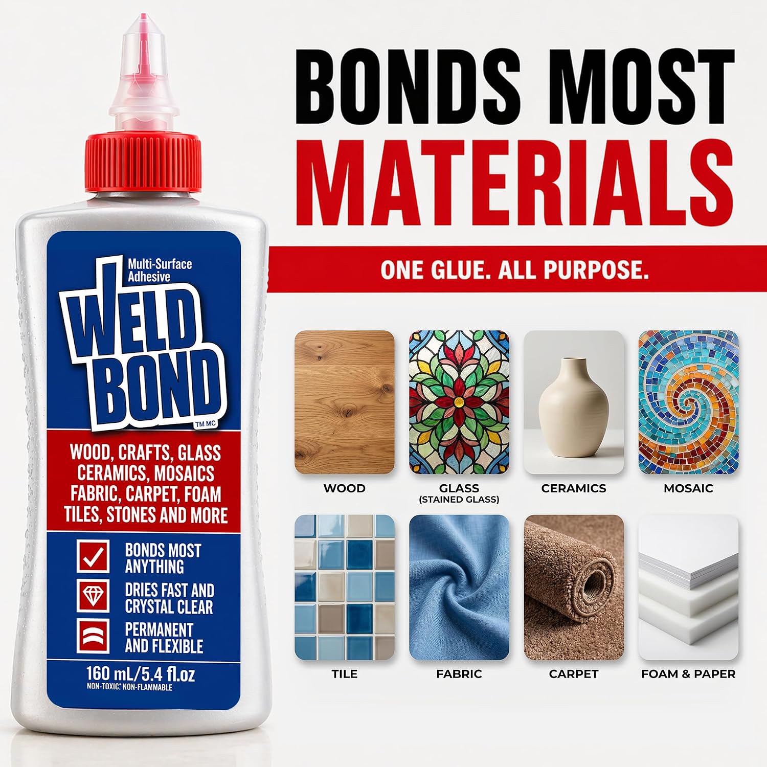 Weldbond Multi-Surface Strong Glue – Fast Drying Glue for Wood, Tile, Ceramic, Pottery, Glass, Metal & More – Heavy Duty Adhesive for Mosaic, Crafts, Wood Working & Repairs – 5.4oz (160ml), 12 Pack