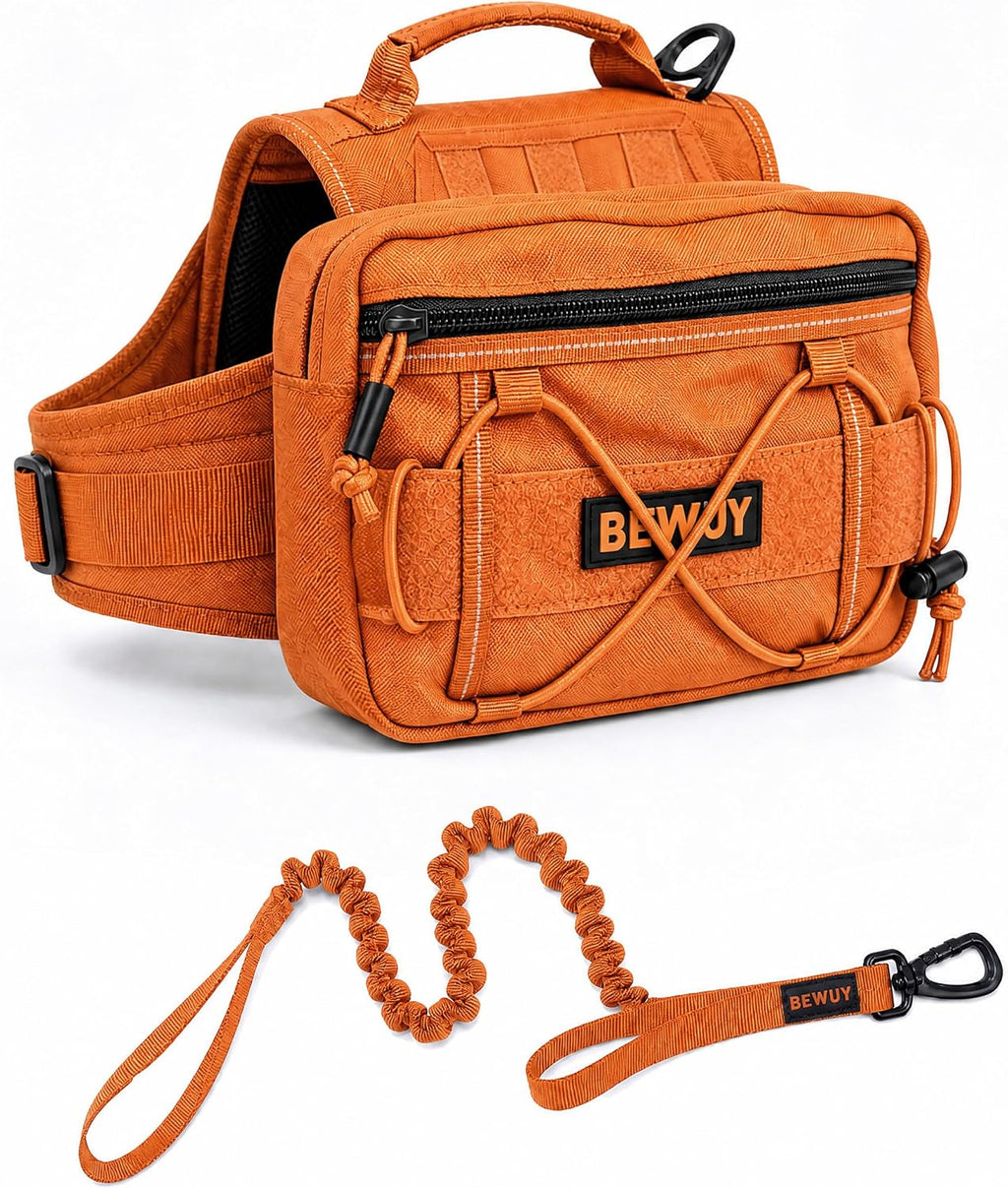 Tactical Dog Backpack for Medium Large Dogs, Reflective Pack Harness with Storage, Poop Bag Pocket, Includes Free Anti-Pull Leash (Orange, M)