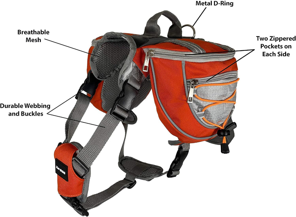 Saddlebag Back Pack & Harness Combo for Dogs 30-100+ lbs. Perfect for Travel, Trail Hiking, & Camping. Reflective, Lightweight, & Comfortable. Comes with Two Collapsible Bowls (Large, Orange)