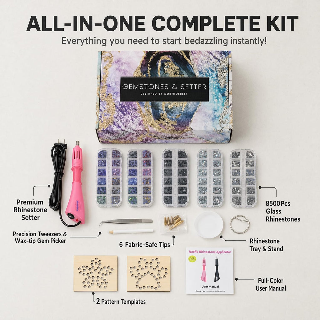 Worthofbest Hot Fix Rhinestone Applicator Tool Kit, 8500Pcs Hotfix Rhinestones (3/4/5mm), 6 Fabric-Safe Tips, Rhinestone Setter with Tray Templates Tweezers Dotting Pen for DIY Clothing Fabric Crafts