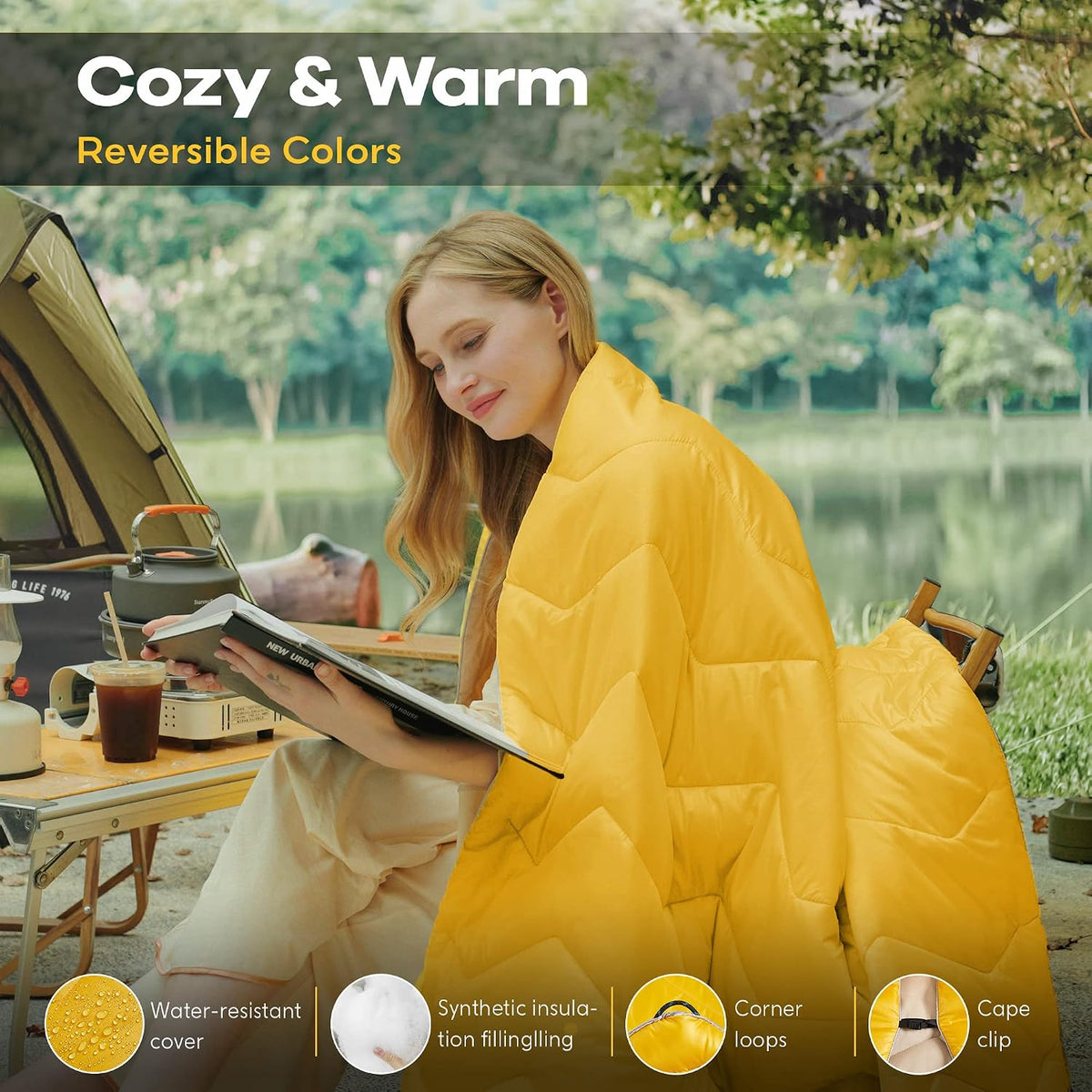 UNIKOME Puffy Camping Blanket,Packable Outdoor Quilt, 75"×52", Yellow