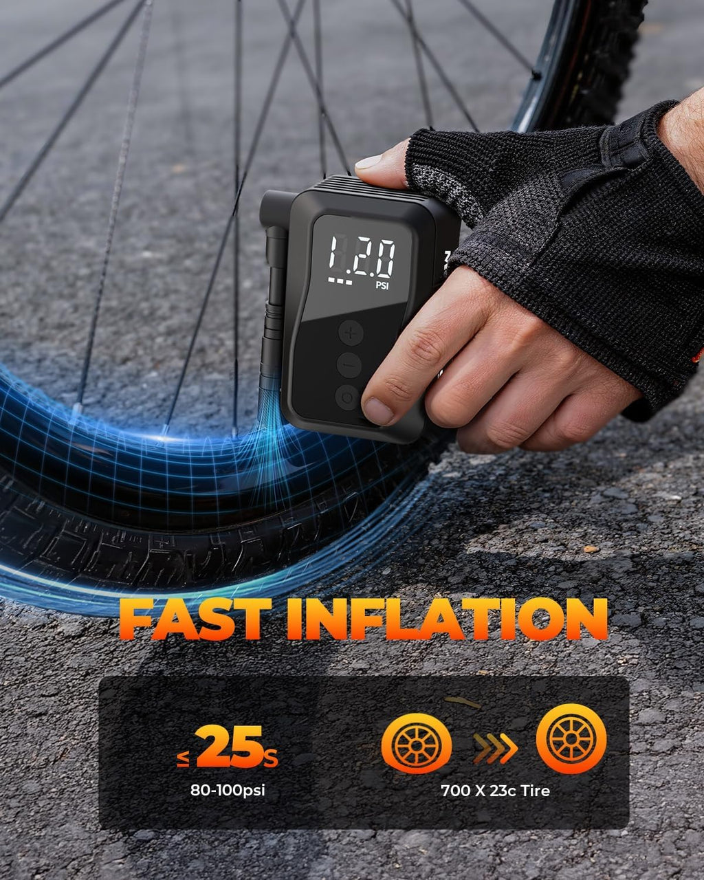 MEGAWHEELS Mini Bike Pump with Gauge, 120/150PSI Bike Tire Inflator with Presta & Schrader Valve, Portable Electric Air Pump Auto Stop, Fast Inflation for E-Bike, Mountain Bike, Scooter, Balls