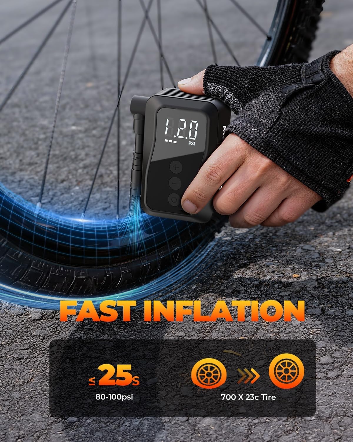 MEGAWHEELS Mini Bike Pump with Gauge, 120/150PSI Bike Tire Inflator with Presta & Schrader Valve, Portable Electric Air Pump Auto Stop, Fast Inflation for E-Bike, Mountain Bike, Scooter, Balls