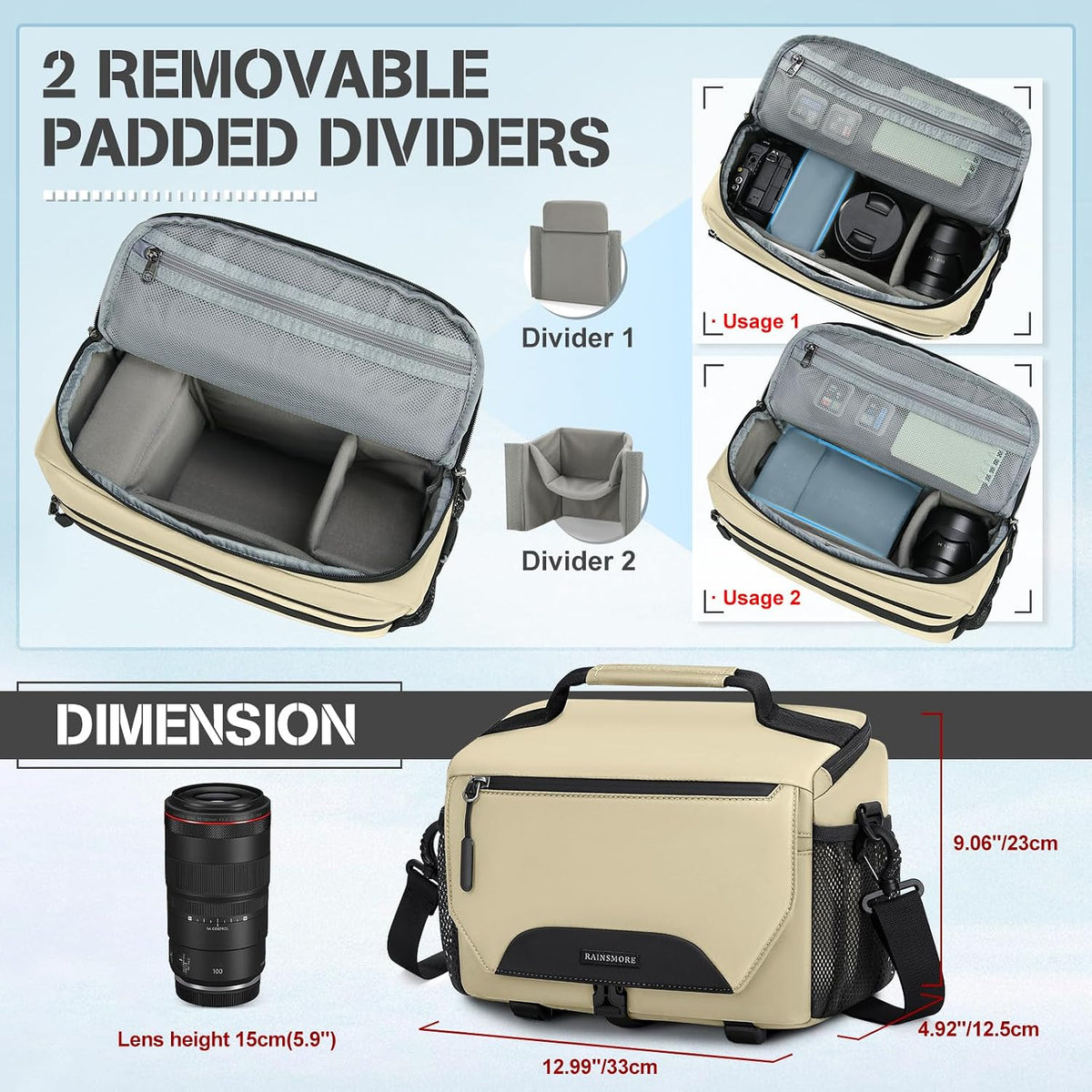 RAINSMORE Camera Bag, DSLR/SLR/Mirrorless Small Camera Sling Bag Waterproof Camera Case with Tripod Holder & Rain Cover Compact Crossbody Camera Bags for Photographers Everyday Shoulder Bags, Khaki