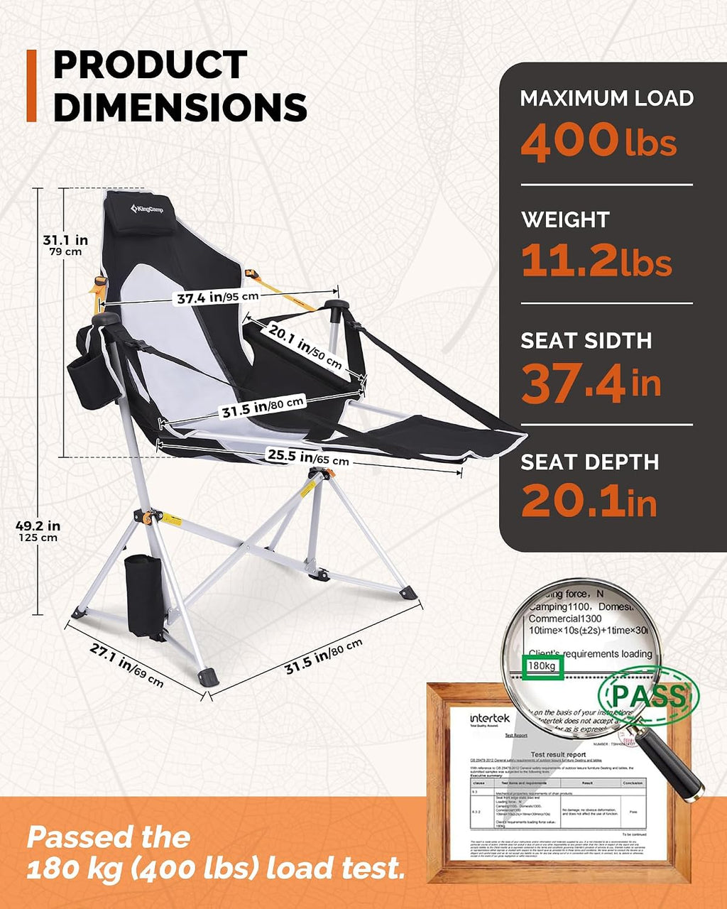 KingCamp Hammock Camping Chair with Footrest & Breathable Mesh Back 400 lbs