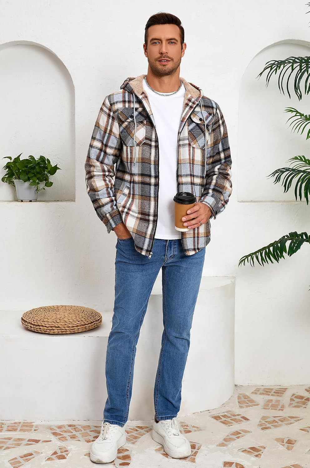 Men's Zip Up Flannel Shirt Jacket Fleece Lined with Hood
