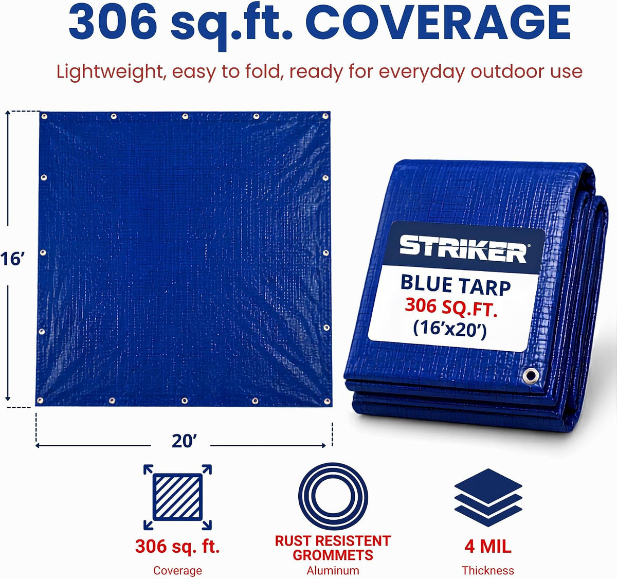 Striker Blue Tarp, Waterproof, UV Resistent, Covers 306 Sq. Ft 16' X 20'
