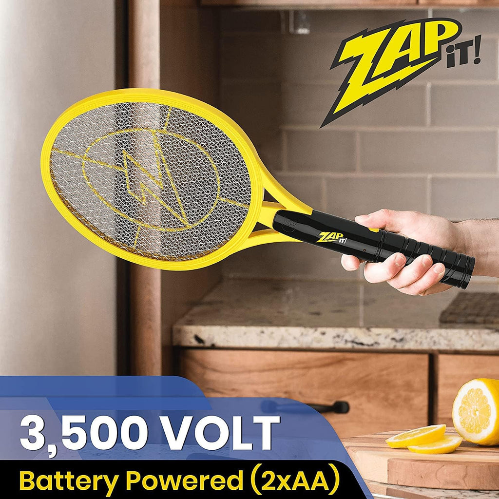 ZAP IT! Electric Fly Swatter Racket - 3,500 Volt Bug Zapper Racket - Battery-Powered Mosquito Zapper with 2 AA Batteries Included -Large-Yellow- Lightweight and Compact for Indoors or Outdoor