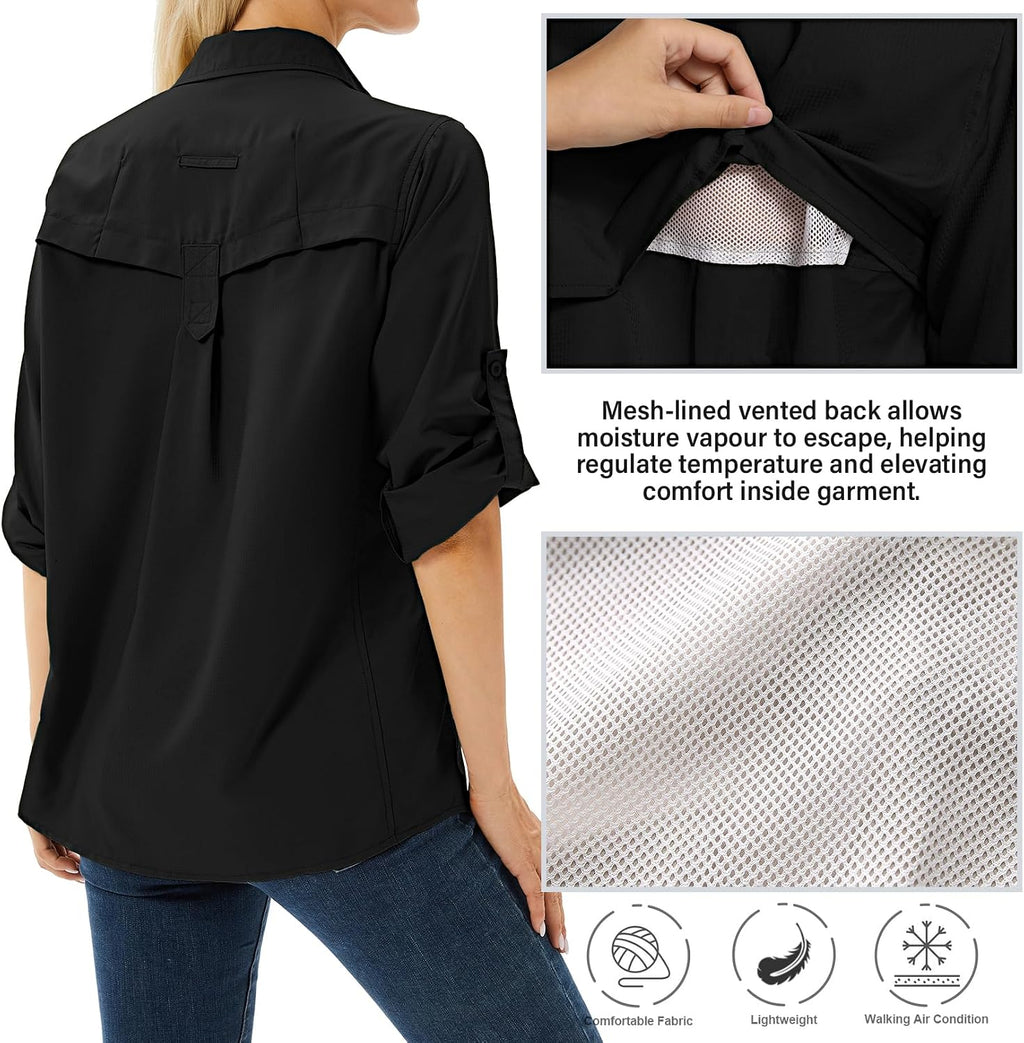 Women's UPF 50 Long Sleeve Sun Protection Safari Fish Hiking Shirts