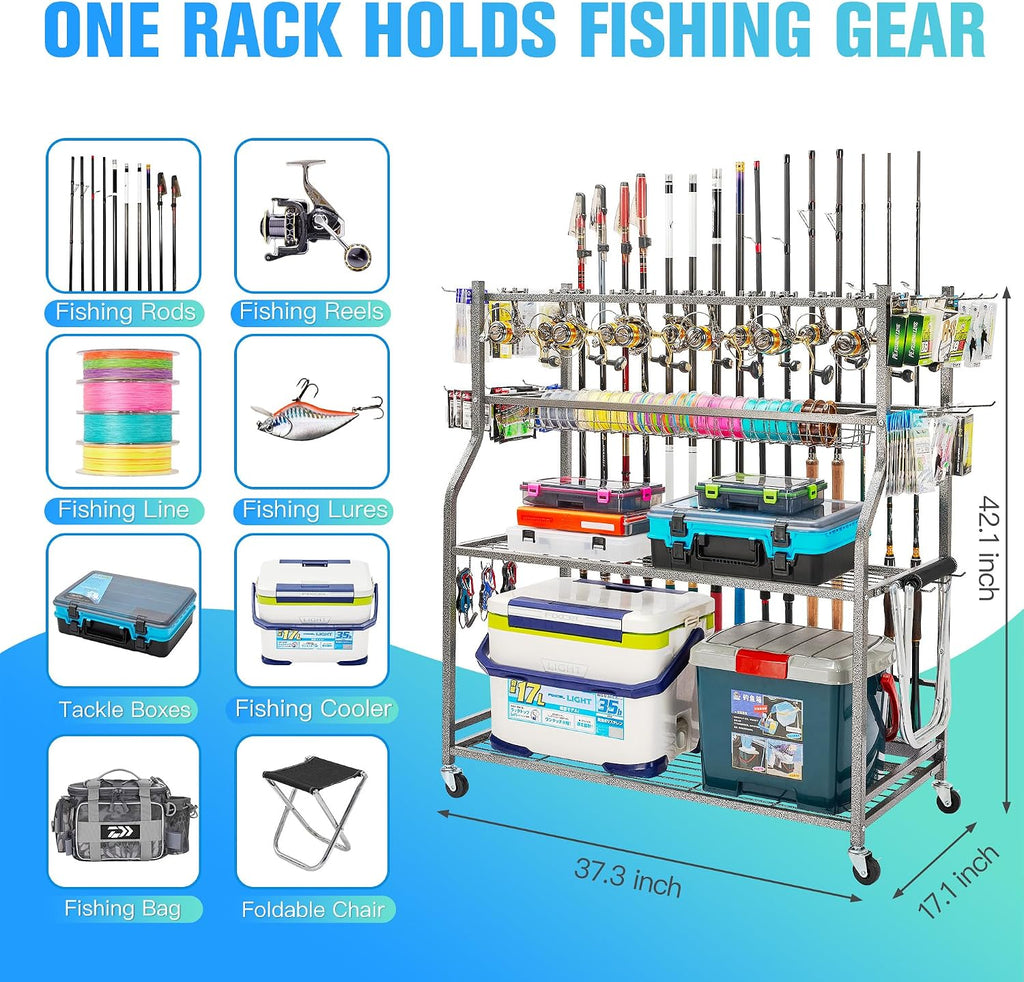 PeBro Fishing Pole Holders, Fishing Rod Holders for Garage, Fishing Rod Holder for Fishing Rod Tackle Box Reel Storage, All-In-One Fishing Rod Rack with Hooks and Wheels