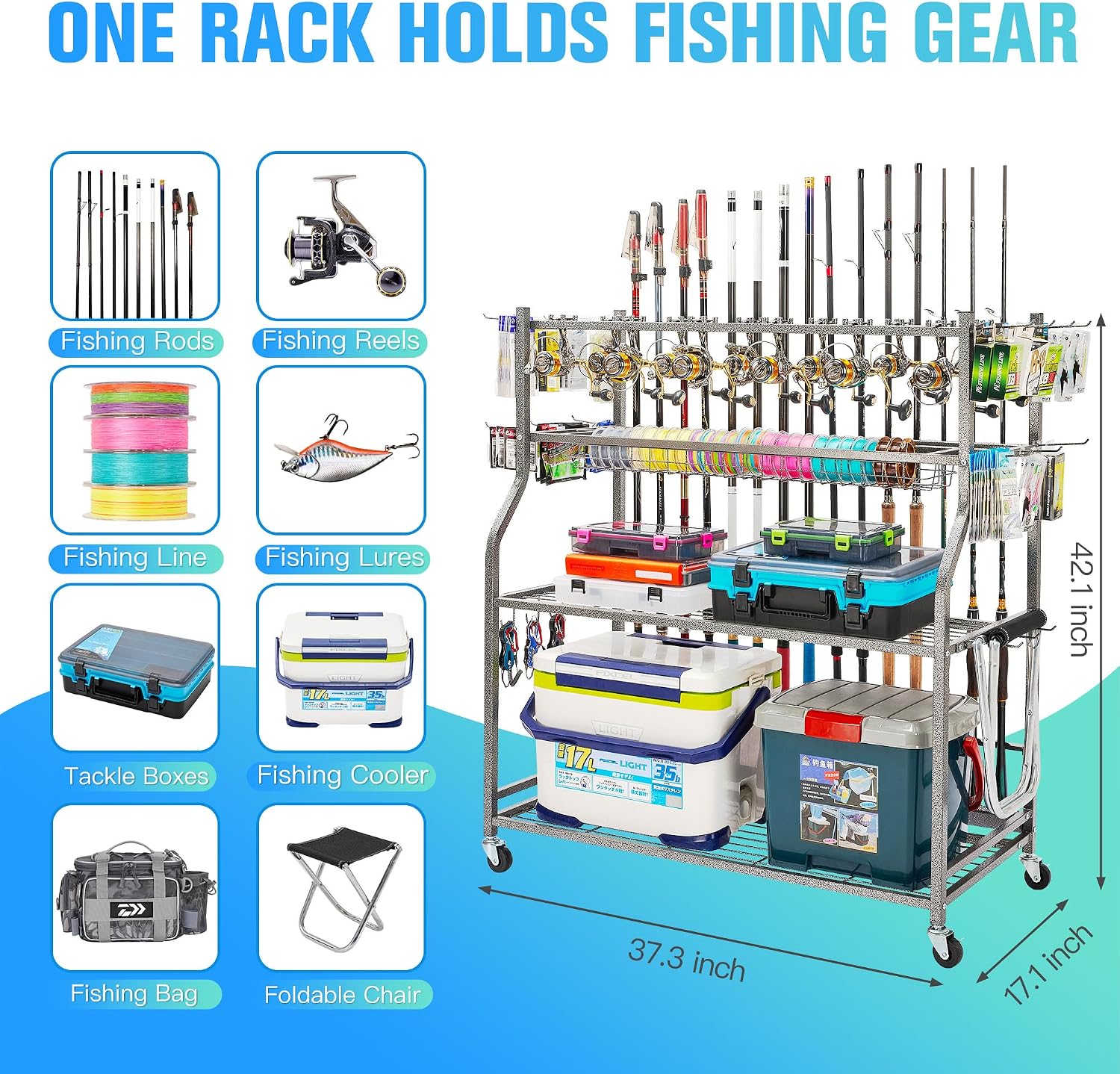 PeBro Fishing Pole Holders, Fishing Rod Holders for Garage, Fishing Rod Holder for Fishing Rod Tackle Box Reel Storage, All-In-One Fishing Rod Rack with Hooks and Wheels