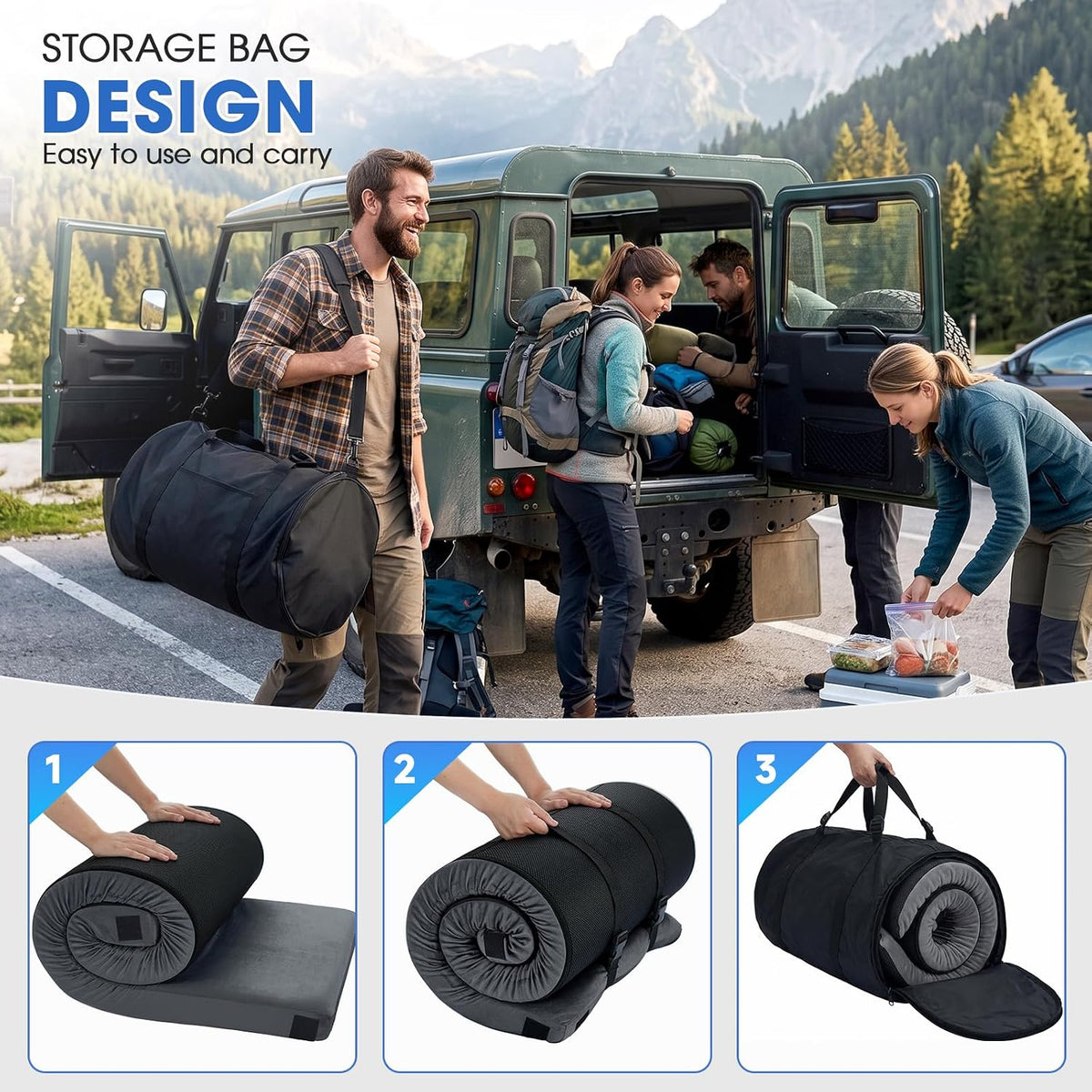 3 Inch Memory Foam Camping Mattress Pad with Storage Bag, Portable Roll Up Sleeping Pad for Car Camping, Waterproof Sleeping Mat with Removable Cover for Camping Cot Tent Truck Travel and Guest Use