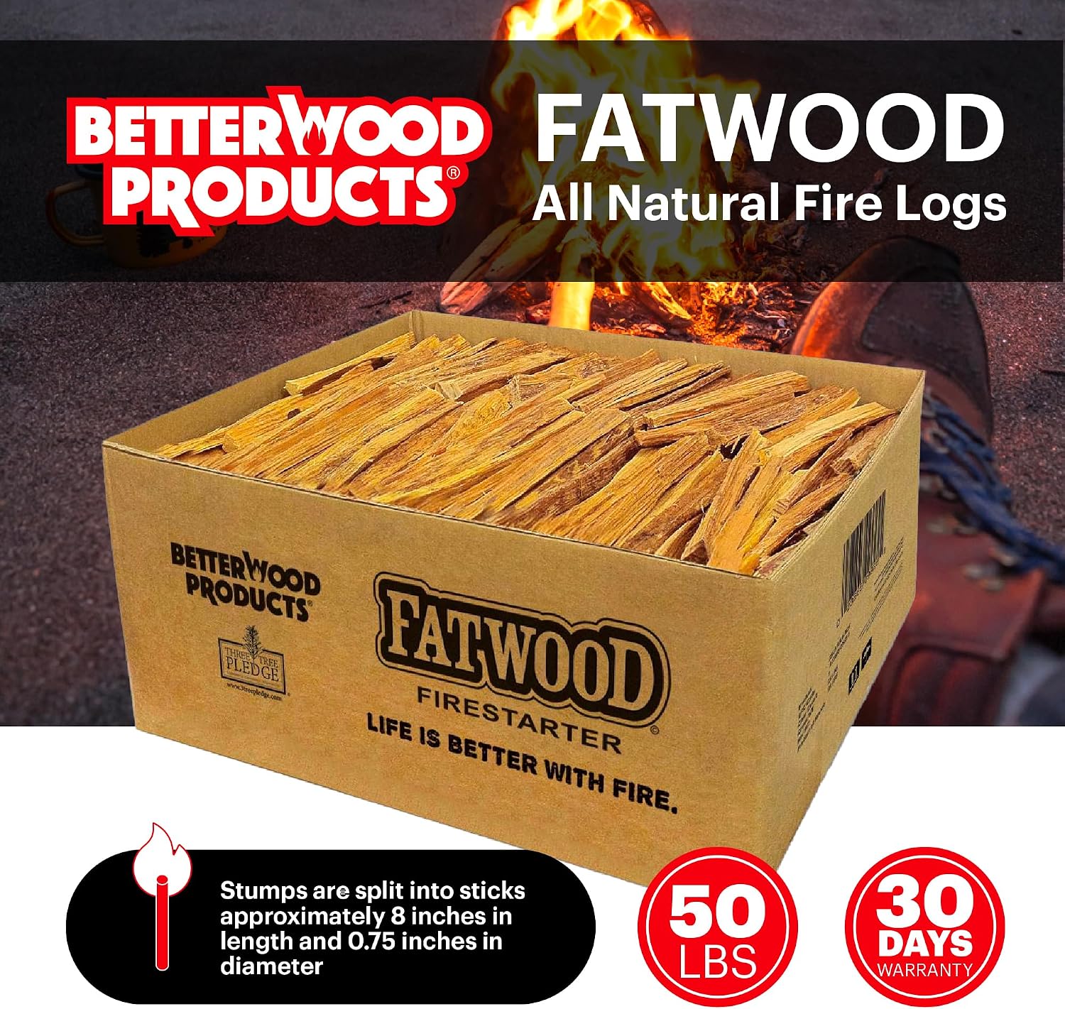 Better Wood Products 3 Pack Fatwood Fire Starter Sticks, Fireplace & Campfires, 50 Lbs