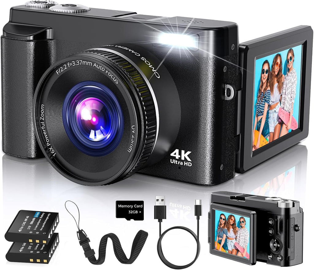 Duluvulu 4K Digital Camera for Photography Autofocus, 2026 Latest 48MP Vlogging Camera for YouTube with SD Card, 2 Batteries, 3" 180°Flip Screen Compact Travel Camera for Teens with 16X Zoom,Black