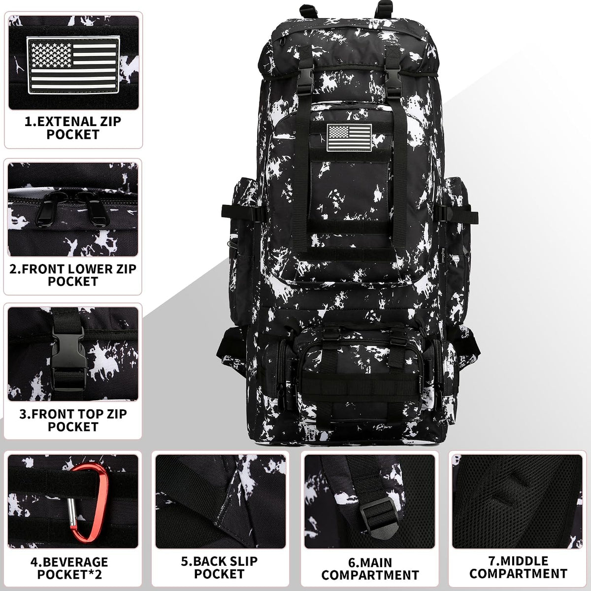 King'sGuard 100L Camping Hiking Backpack Molle Rucksack Military Camping Backpacking Daypack (Black Lighting)