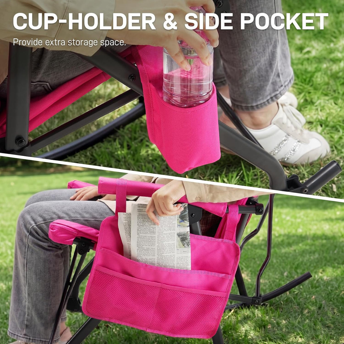 EVER ADVANCED Oversized Folding Rocking Camping Chair, Padded Portable Rocker Chair for Patio, Lawn and Outdoors, Heavy Duty Hard Armchair for Adults Supports 400lbs, Pink