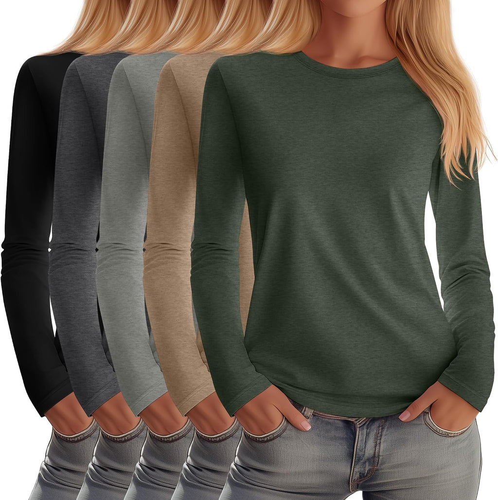 Huukeay 5 Pack Women's Crew Neck Long Sleeve Shirts