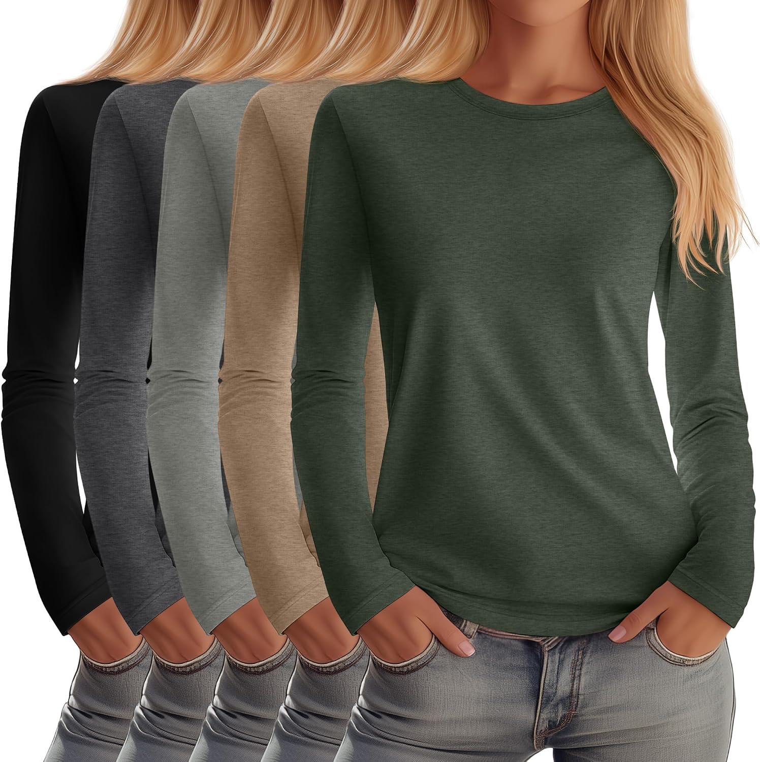 Huukeay 5 Pack Women's Crew Neck Long Sleeve Shirts