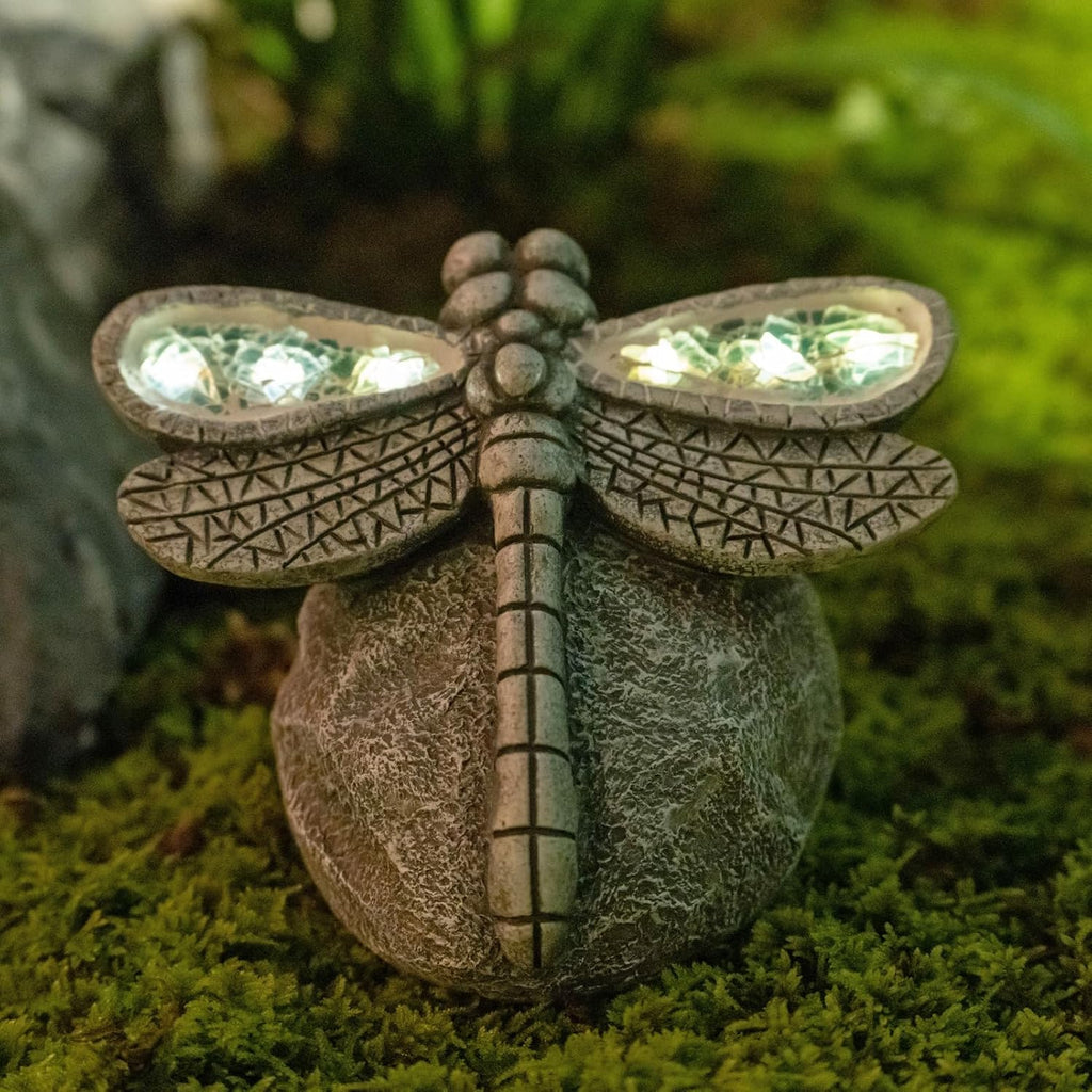 Rezpuao Garden Statue Dragonfly,Solar Dragonfly Decor for Outdoor,Resin Dragonflies Figurine with Solar Light for Patio,Balcony,Yard,Lawn Ornament,Perfect Garden Gift