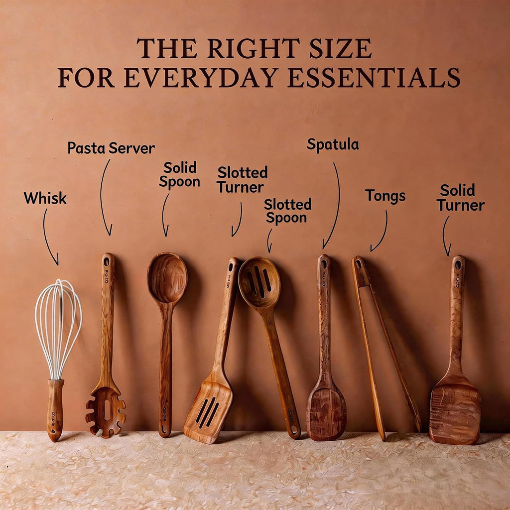 CAROTE Wooden Utensil Set, 8-Piece Acacia Wood Cooking Utensils
