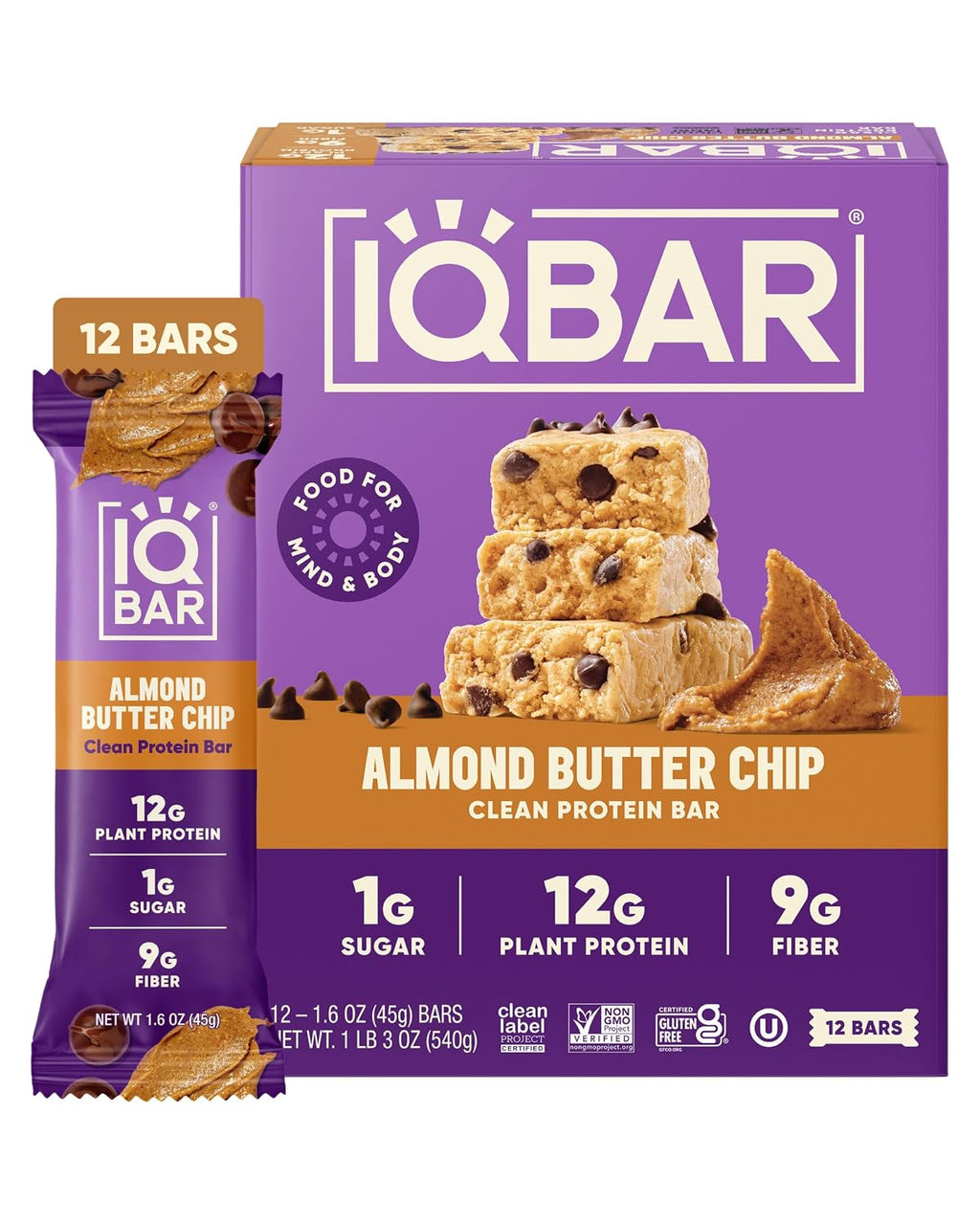 IQBAR Clean Protein Bars, Low Sugar Keto, Almond Butter Chip 12-Count