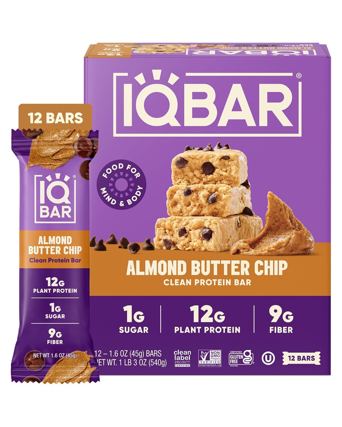 IQBAR Clean Protein Bars, Low Sugar Keto, Almond Butter Chip 12-Count