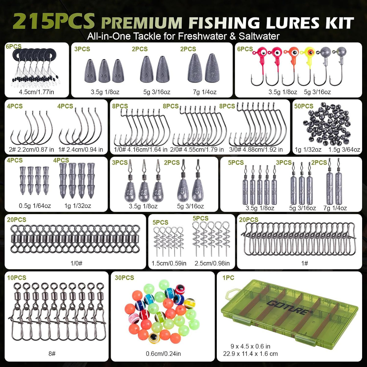 Goture 215pcs Fishing Tackle Kit with Removable Dividers Tackle Box