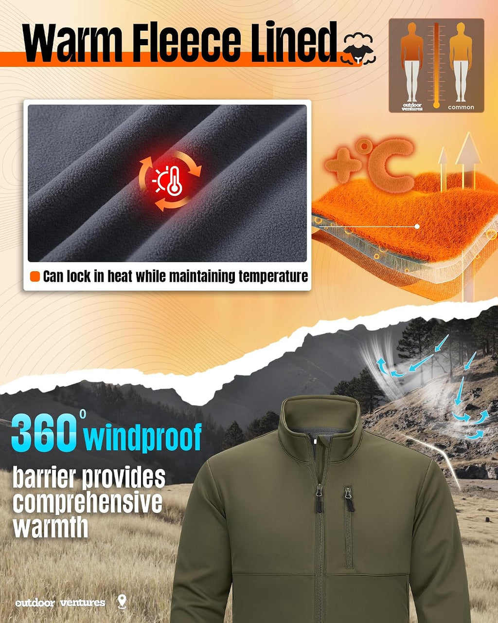 Outdoor Ventures Men's Softshell Jacket Waterproof Lightweight Rian Jacket