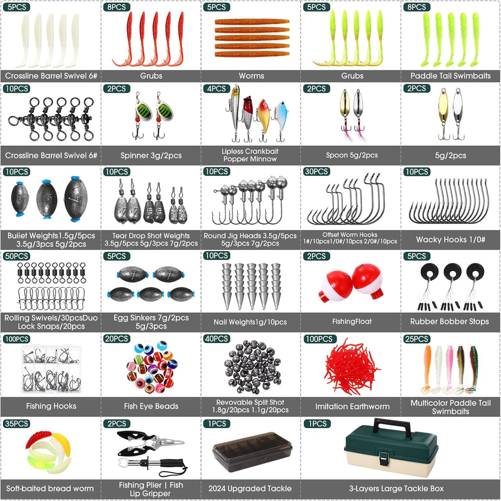 517 Pcs Large 3 Layers Fishing Lures Tackle Box Kit, Dark Green Milky White