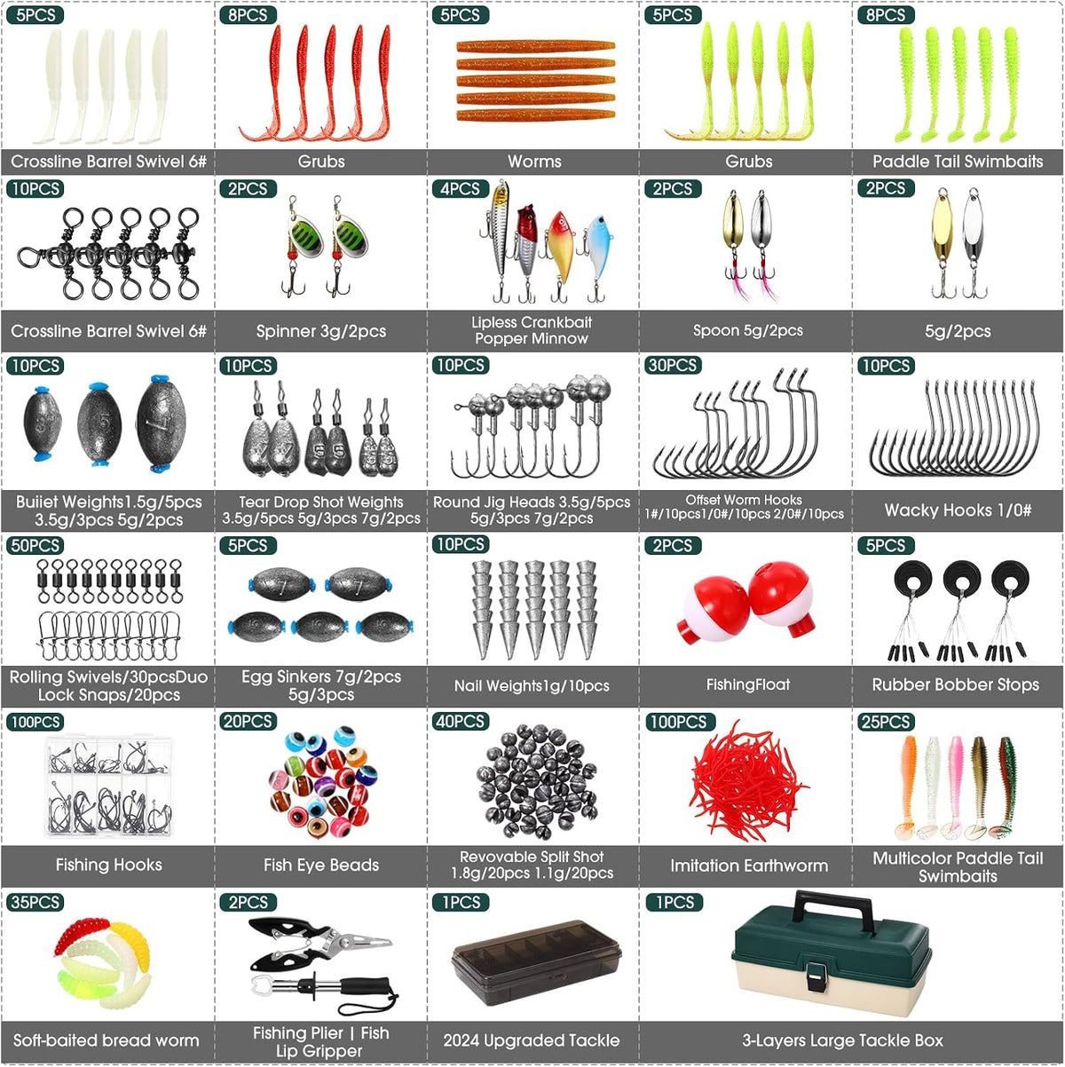517 Pcs Large 3 Layers Fishing Lures Tackle Box Kit, Dark Green Milky White