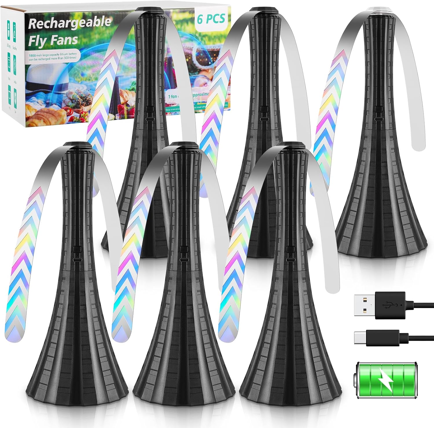 Fly Fans for Tables Rechargeable, Flies Fan to Keep Flies Away by Soft Blades, Food Fans for Camping, Picnic, Fishing, 4PCS, Black，Party Essentials Picnic Accessories for Outside, 2000mah