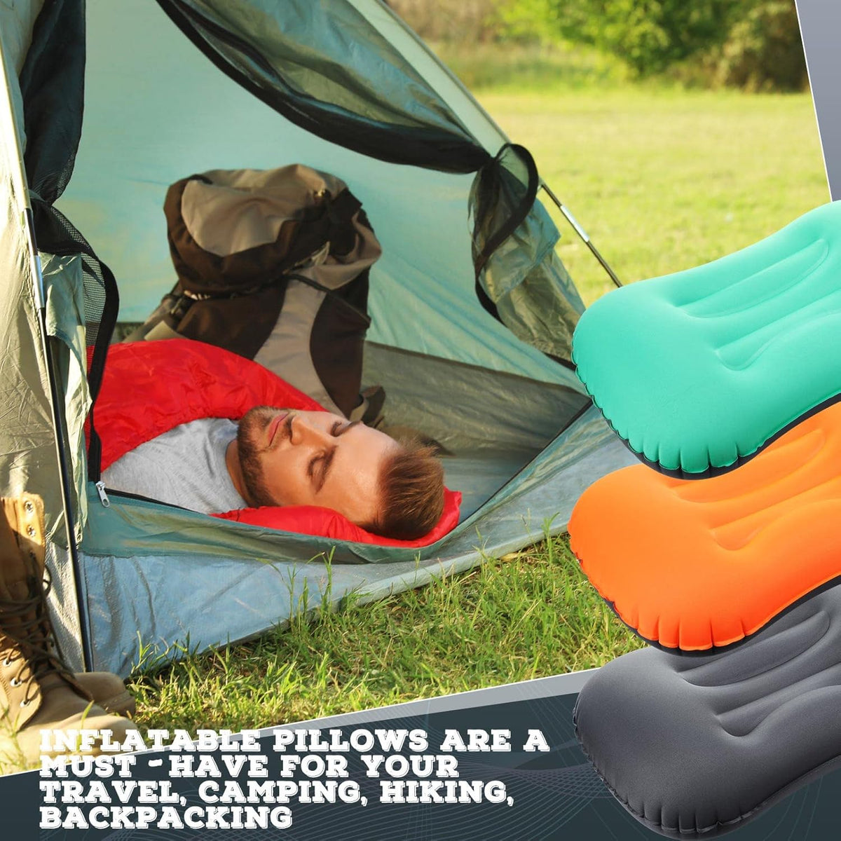 Yulejo 3 Pcs Inflatable Camping Travel Pillow, Dark Gray, Green, Orange