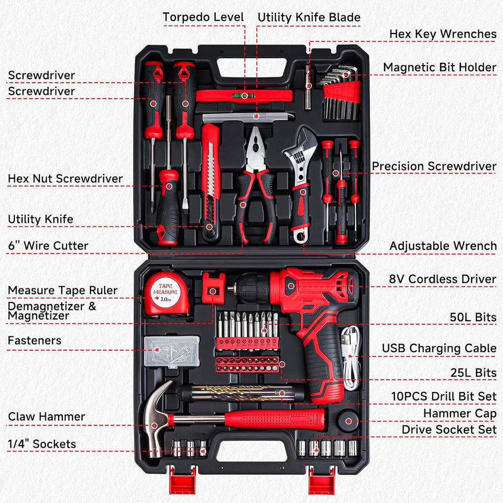 8V Cordless Drill Set, 132-Piece Home Tool Set for DIY & Home Improvement