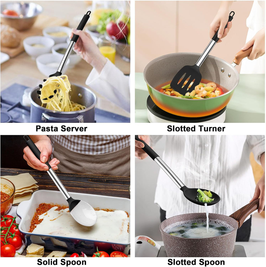 TeamFar Cooking Utensils Set, 5 PCS Silicone Kitchen Utensils, Black