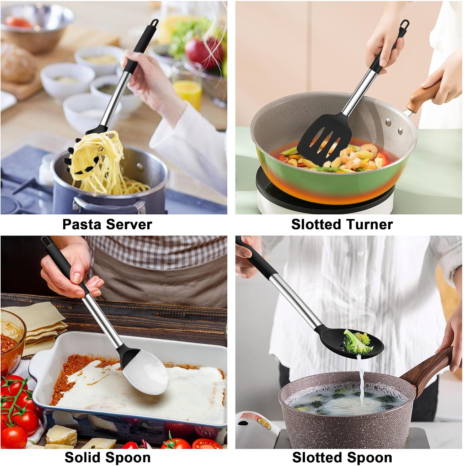 TeamFar Cooking Utensils Set, 5 PCS Silicone Kitchen Utensils, Black