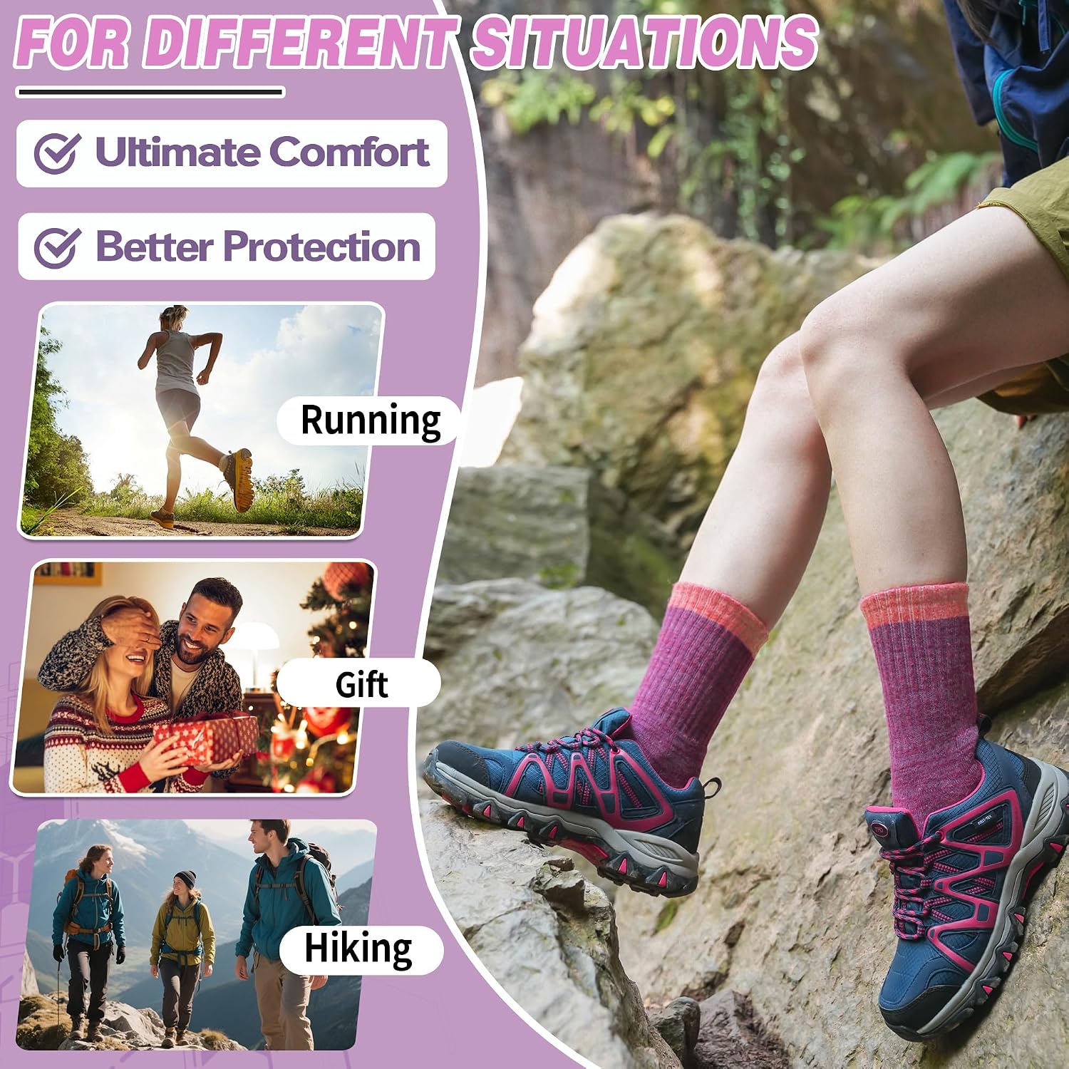 Merino Wool Hiking Socks Thermal Warm Winter Cozy Cushioned Moisture Wicking Crew Socks for Women 5 Pairs