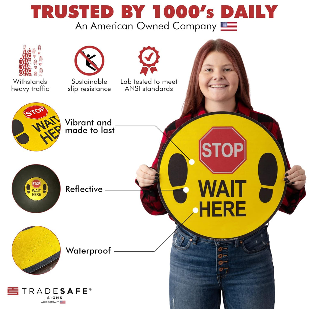TRADESAFE Stop - Wait Here Anti-Slip Floor Sticker - Wait Here Floor Sign, Peel and Stick Adhesive Vinyl Sign, ANSI-Compliant, 17” Diameter Round Sticker