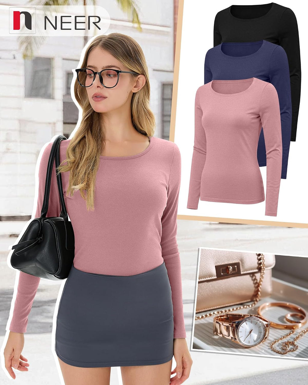 Neer 3 Pack Womens Thermal Shirts Crew Neck Fleece Lined Tops