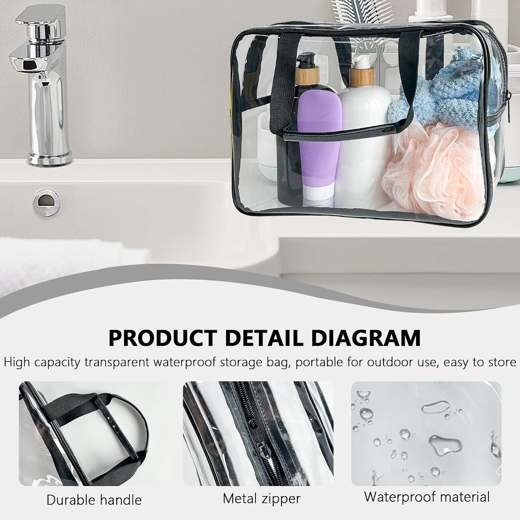 PVC Clear Pure Color Transparent Large Zipper Cosmetic Pouch Travel Makeup Cosmetic Bag with Handle for Travel Bathroom Toiletry Organizer (Clear+Black Handle)