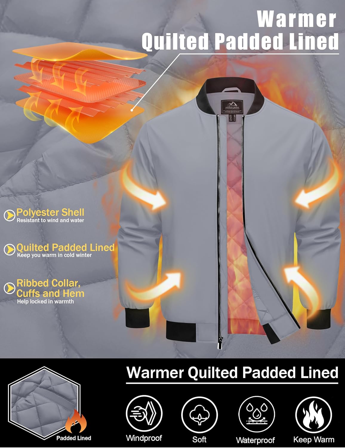 Cotrasen Men's Bomber Jacket Fall Winter Windbreaker Warm Quilted Coats