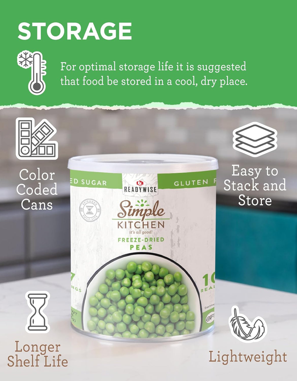 SIMPLE KITCHEN Freeze Dried Peas #10 Can, 17 Servings, Emergency Camping