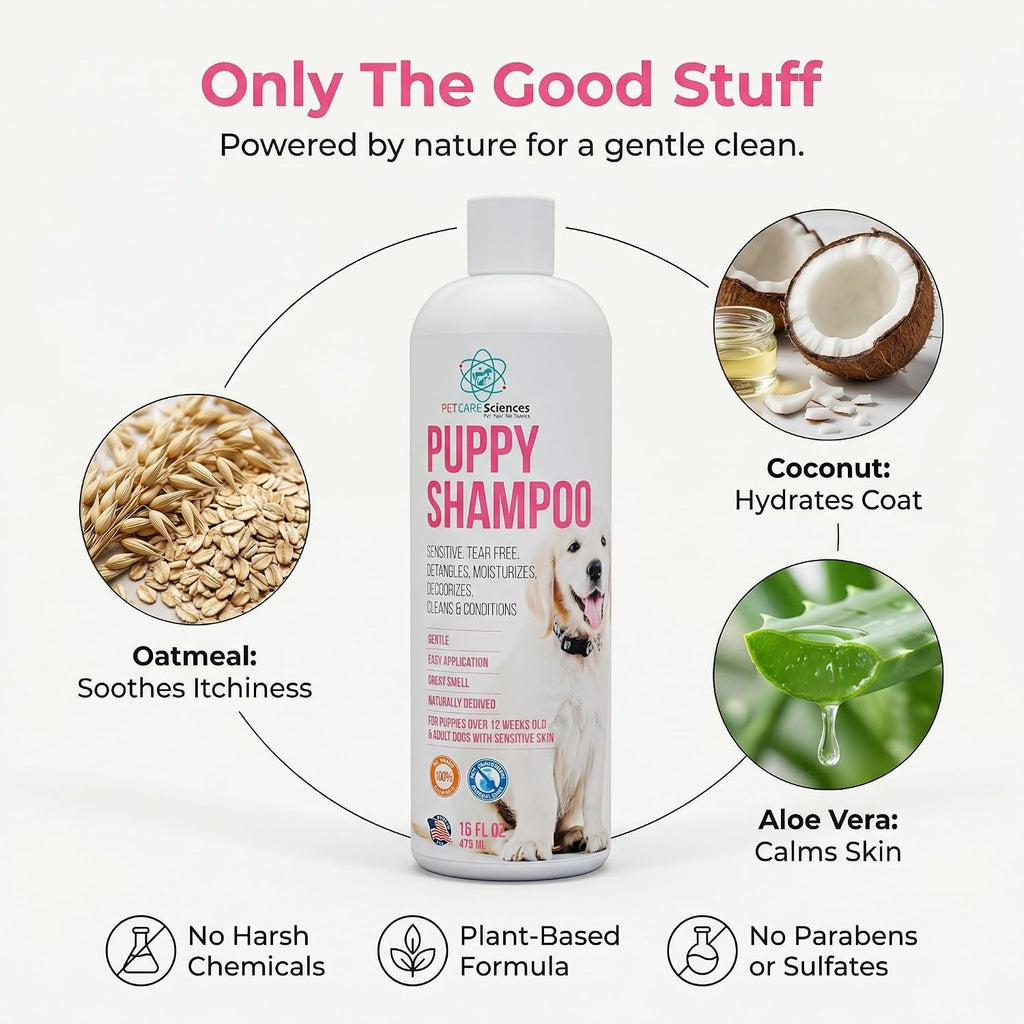 16 fl oz Tearless Puppy Shampoo and Conditioner - Dog Shampoo Itchy Skin Relief - Coconut Oil Oatmeal Shampoo for Dogs - Hypoallergenic Dog Shampoo Sensitive Skin, Made in the USA.