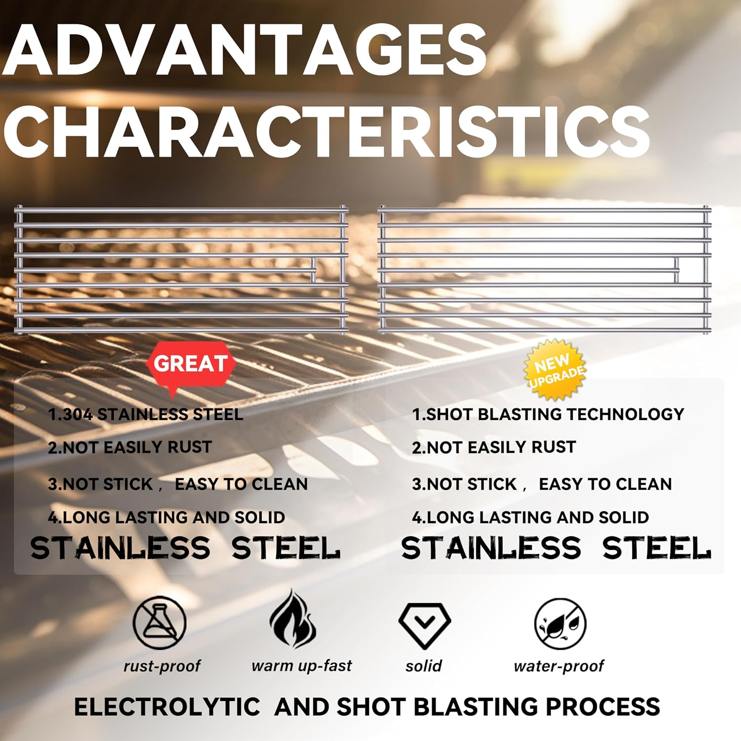 4 Pack 8mm 304 Stainless Steel BBQ Cooking Grill Grate Replacement Parts for Bull 16517,BBQ Angus 47628, Brahma, Lonstar Select, Outlaw Steer Premium, Lonestar Select,7 Burner Premium,65073 and More