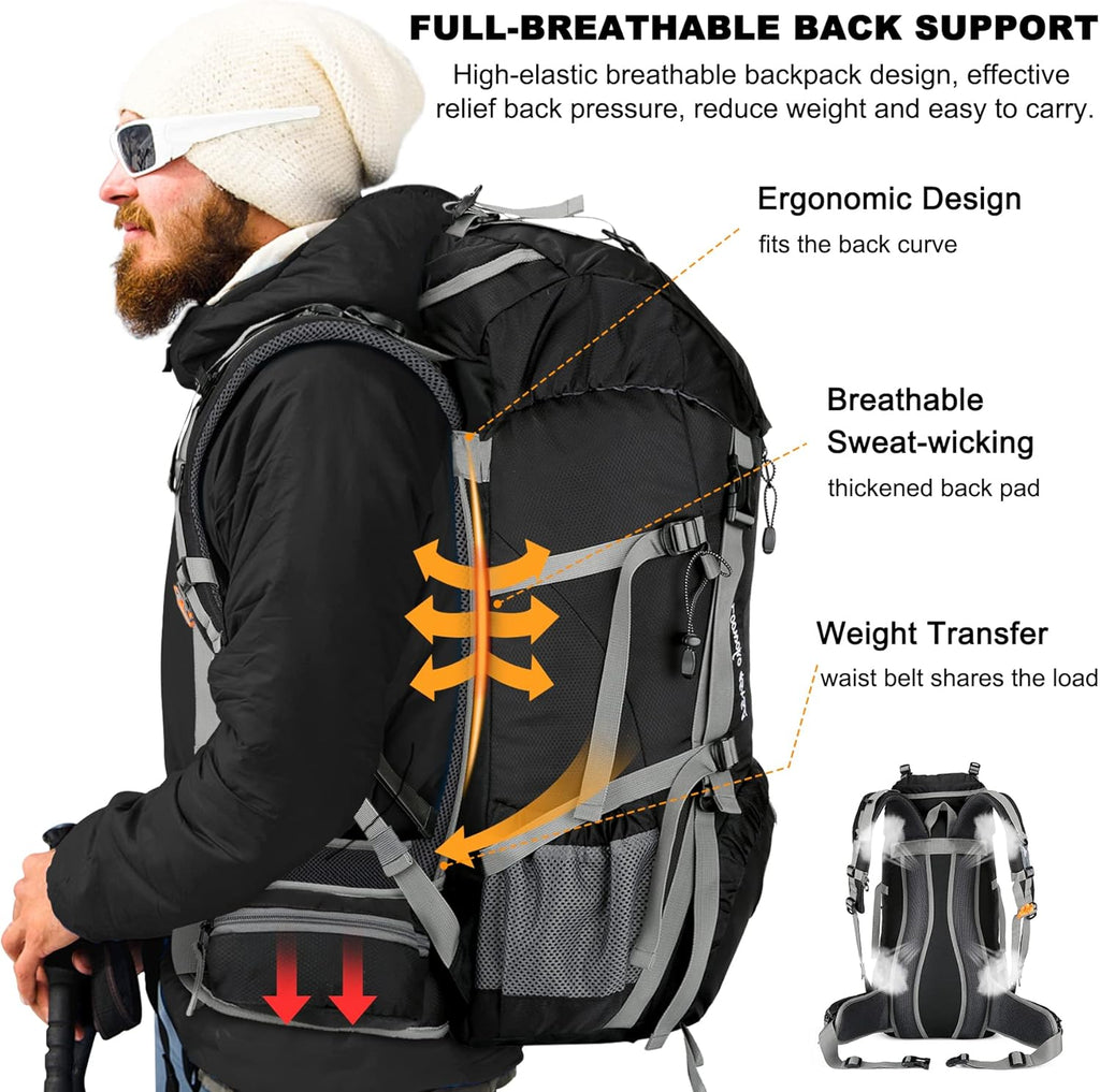 Loowoko 50L Hiking Backpack with Rain Cover for Both Men & Women | Lightweight at Just 2.8 lbs, External Extension with Compression Straps for Backpacking, Hiking, Camping, Trekking