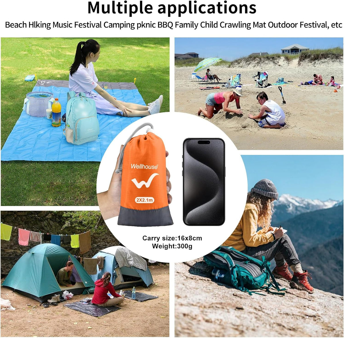 wellhouse Sandproof Beach Blanket,Camping Mat Waterproof Picnic Blankets with Floating Waterproof Phone Pouch Washable Rug for Travel Hiking Music Grass BBQ (Orange)