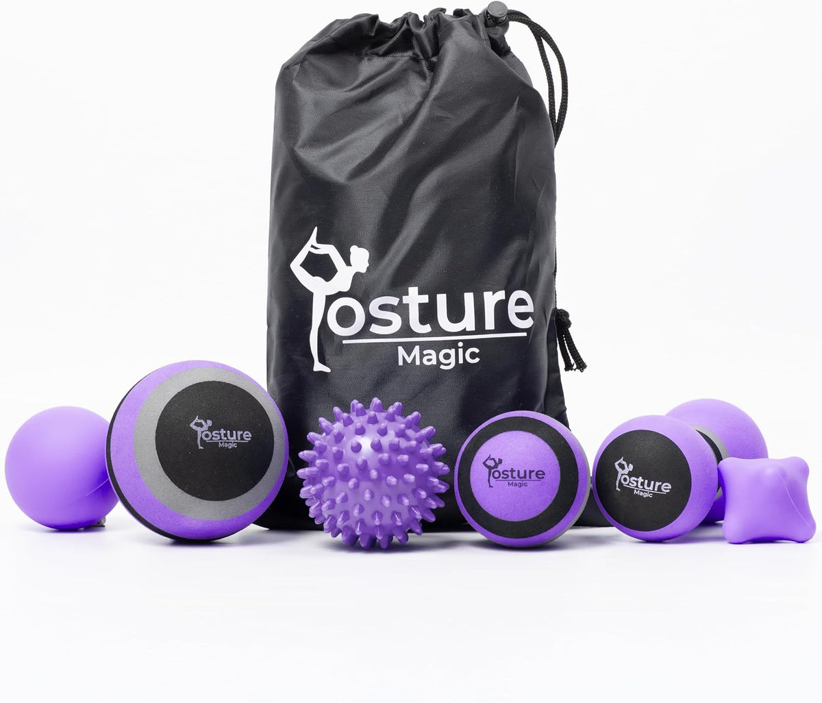 Posture Magic Massage Ball Kit for Myofascial Trigger Point Release & Deep Tissue Massage - Set of 6 - Large Foam/Small Foam/Lacrosse/Peanut/Spiky/Hand Exercise Ball (Purple)