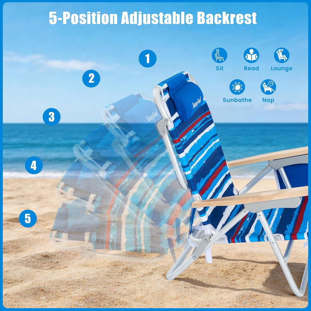 SUNNYFEEL Folding Beach Chair, Aluminum Heavy Duty Beach Chair with 5-Position, Portable Camping Chair for Adult, Low Back, Wood Armrest, Lightweight, 300lbs, Blue Stripe, 2 Pack
