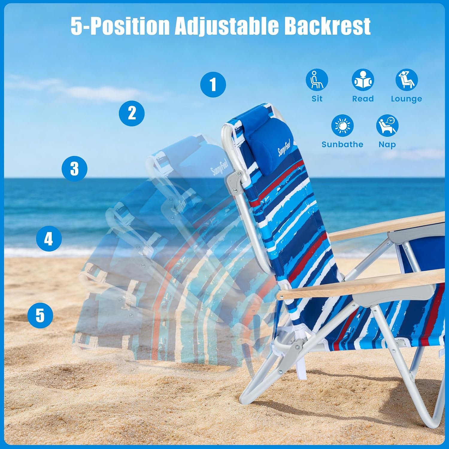 SUNNYFEEL Folding Beach Chair, Aluminum Heavy Duty Beach Chair with 5-Position, Portable Camping Chair for Adult, Low Back, Wood Armrest, Lightweight, 300lbs, Blue Stripe, 2 Pack