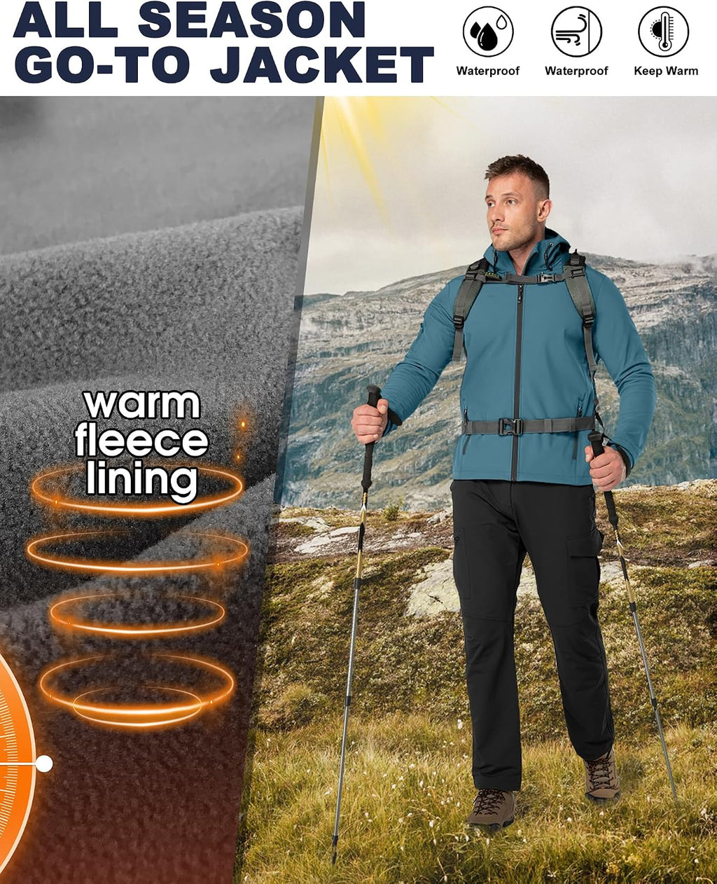 33,000ft Men's Hooded Fleece Lined Rain Shell Jacket Waterproof Lightweight