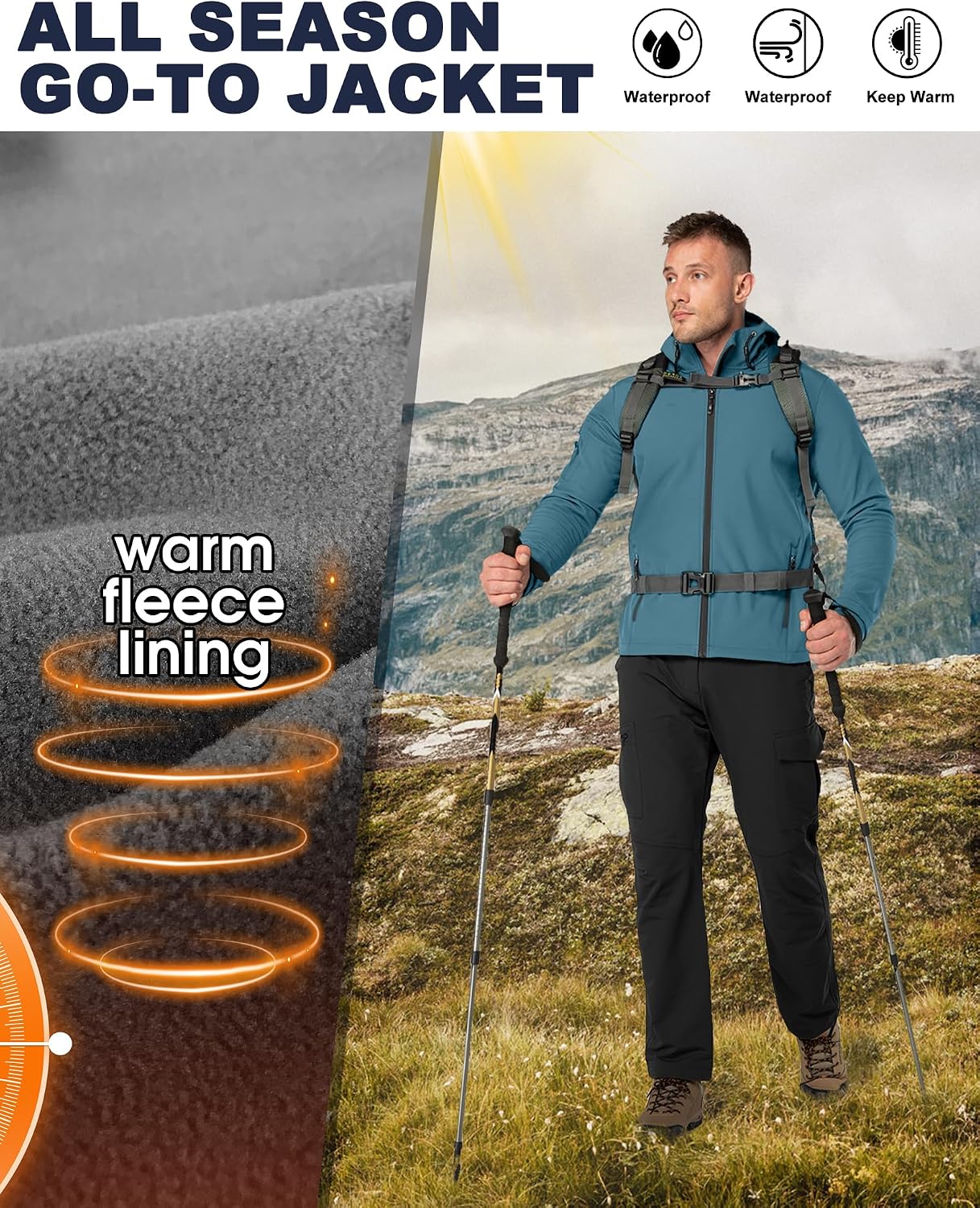 33,000ft Men's Hooded Fleece Lined Rain Shell Jacket Waterproof Lightweight